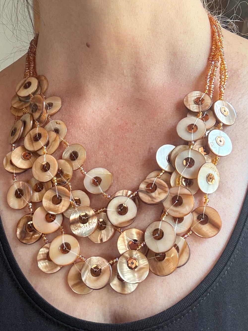 Multi-Strand Brown Shell Disc Necklace